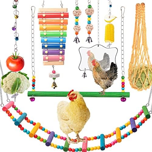 KAKUNM Chicken Toys for Coop 9PCS- Chicken Xylophone, Chicken Swing, Chicken Mirror, Chicken Flexible Ladder, Chicken Vegetable String Bag and Hanging Feeder