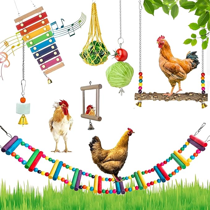 FANFX 7 Packs Chicken Toys Set, Chicken Xylophone Toys for Hens, Chicken Bridge Swing Toys, Chicken Mirror Toys,Chicken Pecking Toys and Vegetable Hanging Feeder for Chicken Coop