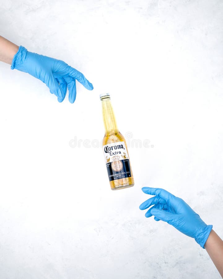 Corona beer with two blue protective gloves. Like the creation of Adam concept royalty free stock image